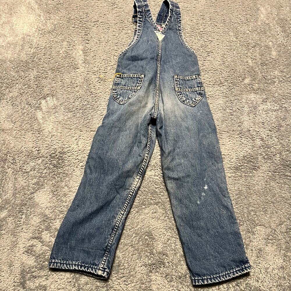 Vintage OshKosh Overalls Kids Youth XS 5 Girl Pink Lined Distressed Vestbak Jean - Picture 4 of 10